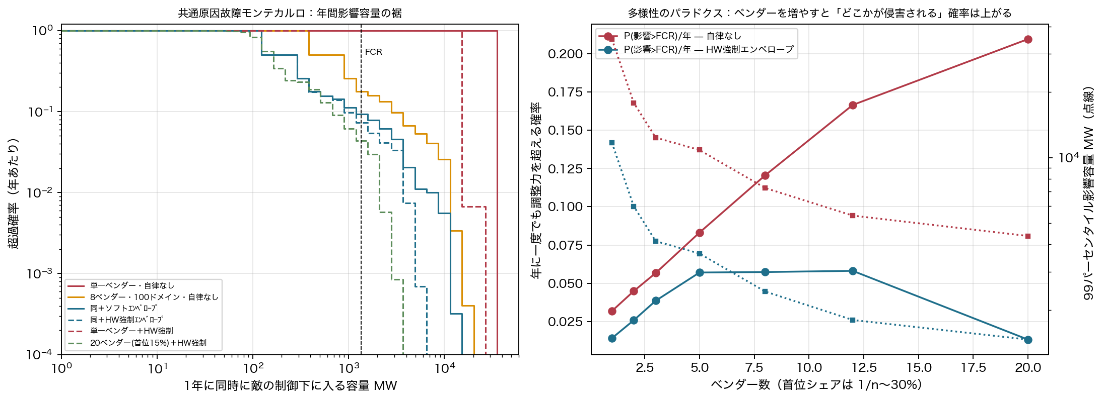 Figure 7 Common-cause failure Figure 7. Monte Carlo of common-cause failure (vendor cloud, firmware line, aggregator credentials shared by groups of devices). Left: annual exceedance of simultaneous affected capacity. A single vendor (red) is rarely hit but its tail reaches 35 GW. Right: more vendors raise the probability that some vendor is compromised while lowering the 99th-percentile capacity. Diversity limits the size of an event, not its frequency; only with per-line reach caps and a surviving floor does it stay within reserves.